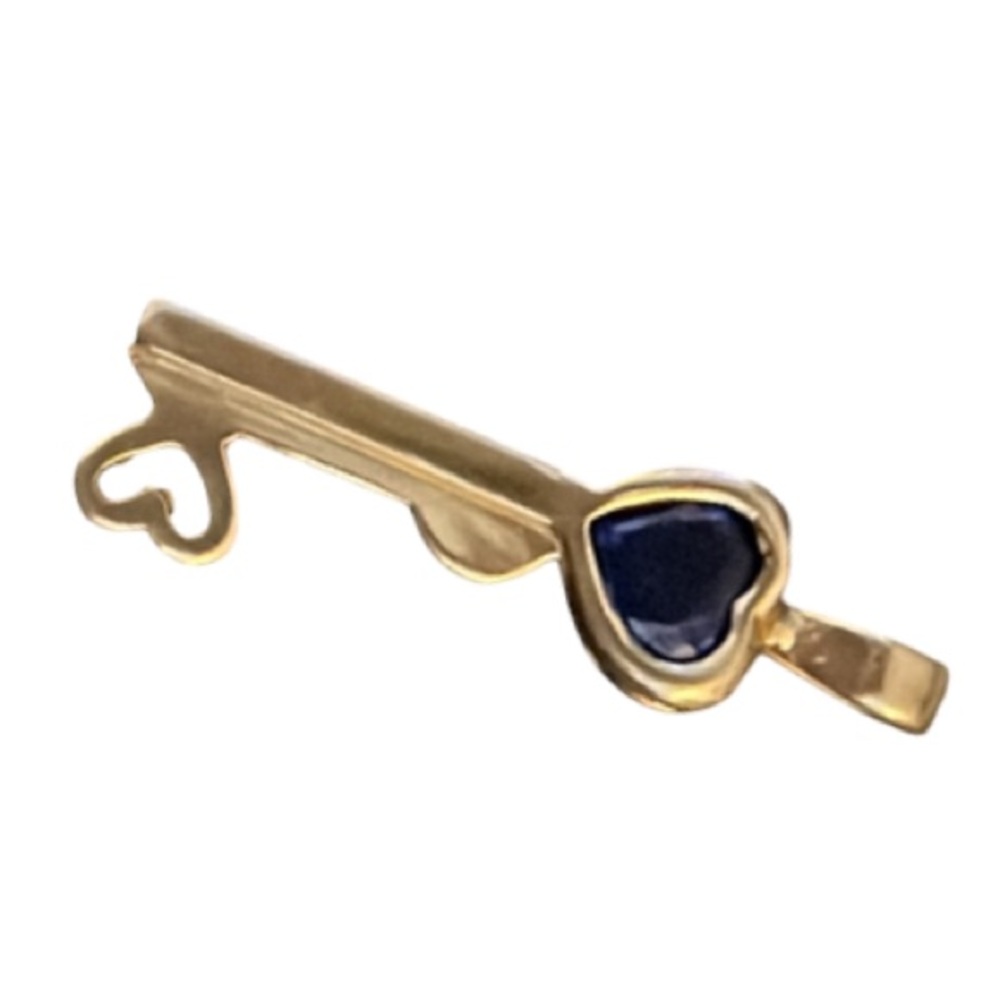 Elegant 10K Yellow Gold with Sapphire Gemstone Skeleton Heart Key Pendent